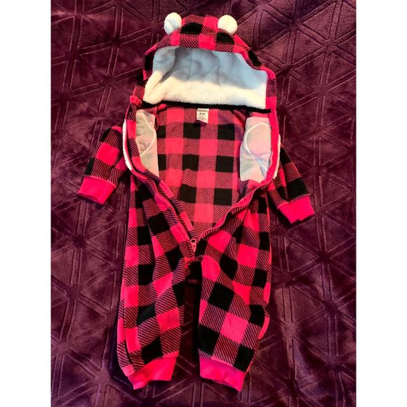 Carter's 6 months girls fleece zip bodysuit hooded pink gingham, heart SOFT WARM - Picture 2 of 5